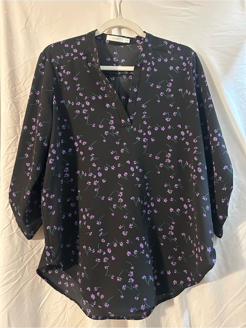Lush Black Blouse with Lavender Floral Print